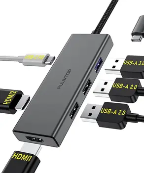 PULWTOP USB C докинг станция към двоен HDMI монитор за Windows, 6 в 1 USB C хъб за Dell XPS 13/15, Lenovo Yoga и др