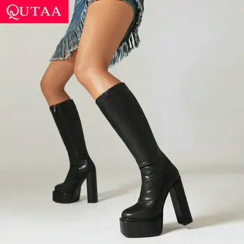 QUTAA 2024 Микрофибър жени коляното високи ботуши високи токчета кръг пръсти западни ботуши офис дама есен зимни обувки жена размер 34-39