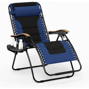 Recliner извънгабаритни подплатени нулева гравитация стол сгъваем плажен шезлонг сгъваем вътрешен двор облегалка подкрепа 400 LBS (Navy Blue) къмпинг
