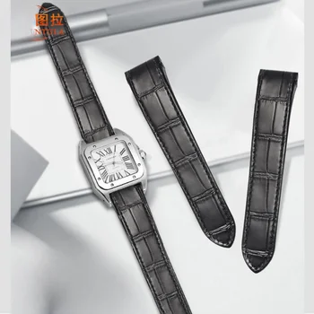 Replace 20mm 23mm Аксесоари за Cartier Santos 100 Специален прав интерфейс Butterfly Buckle Естествена кожа Ленти за часовници