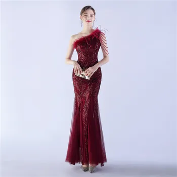 robe de soiree 2023 Бургундска русалка рокля вечер едно рамо пера пайети дълги официални рокли повод плюс размер