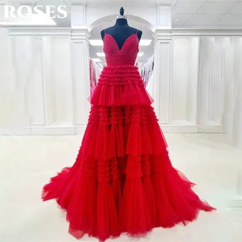 ROSES Net Червени абитуриентски рокли Рокля Tiered Layer A Line Вечерна рокля Спагети каишка Side Сплит парти рокля V врат халат соаре