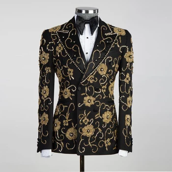 Royal Double Breasted Groom Tuxedo Tailor-Made Fit Handmade Florwers Beading Jacket Pants 2 броя Сватбени костюми Луксозно облекло