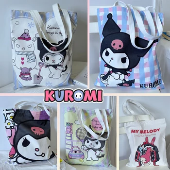 Sanrio Kuromi Melody голяма пазарска чанта рамо платно чанти студент чанта книга съхранение за многократна употреба пазаруване торбичка жени работа цип чанти
