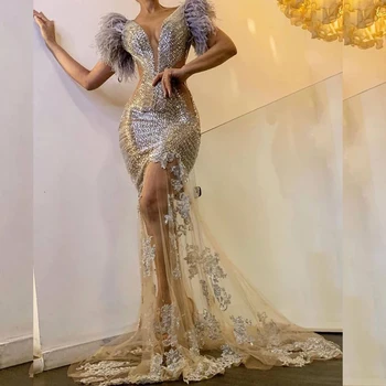 Sequined Секси русалка илюзия абитуриентска рокля V-образно деколте апликации пера без ръкави луксозни вечерни рокли Vestido жени 2023 Femme