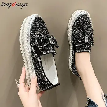 Sequins Diamonds Women Flats Bling Woman Shoes Rhinestone Ladies Casual leather Shoes Round Toe Slip-on Platform Shoes pink 43