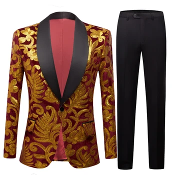 Sequins Velvet Series Мъжка мода Шал Ревера Флорални пайети Кралско вино червено Velvet Slim Fit Blazer Stage Singer Suit Jacket