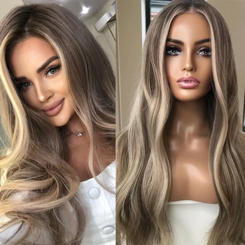 Soft 26 ''Highlight Ombre Ash Blonde Straight Jewish European HumanHair Full Lace Wig For Women 23A Grade Baby Hair Pre Plucked