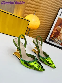 Spangle странни сандали на петата заострени пръсти подиум обратно каишка ново пристигане жени обувки парти треска зелен черен праскова обувки Twinkle