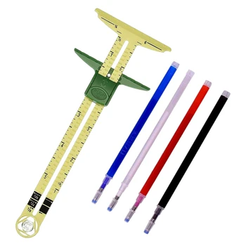  T-образен плъзгащ се габарит за шиене на измерване, използвайки 4 цвята на плат термично изтриваща писалка, 5 в 1 инструмент за шиене на владетел