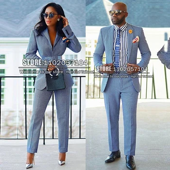 Tailor-Made Blue Couple Suit Men/Women Houndstooth Plaid Formal Wedding Tuxedo Slim Fit Coat Pant Design Последни 2 части комплект