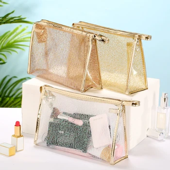 TPU площад прозрачен цип чанта за съхранение творчески злато пайети ясно козметична чанта грим чанта пътуване преносими тоалетни принадлежности измиване чанта