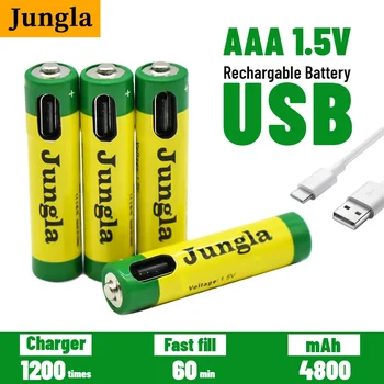 USB акумулаторна литиево-йонна батерия, 100% чисто нова AAA, 1.5V 4800mAh, за дистанционно управление, безжична, с кабел за зареждане,