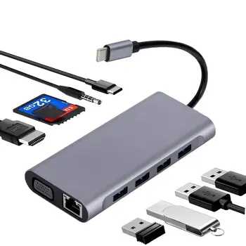 USB към HDMI Type-c докинг станция 100M 11 в 1 Сребристо сиво 11 в 1 Разширител Hub VGA + PD Rj45 Многопортов хъб DP Alt режим