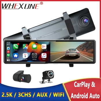 WHEXUNE 12 инча 3 CHS 2.5K 1440P Dashcam Apple Carplay & Android Auto Support AUX преносима огледална камера за обратно виждане, вградена в WIFI