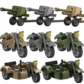 WW2 оръжейно оборудване гаубица мотоциклет триколка модел военни фигури аксесоари малки частици градивни блокове детски играчки