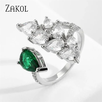 ZAKOL Геометрична водна капка Зелен цирконий отворени пръстени за жени лъскав CZ бял сватбен пръстен парти бижута