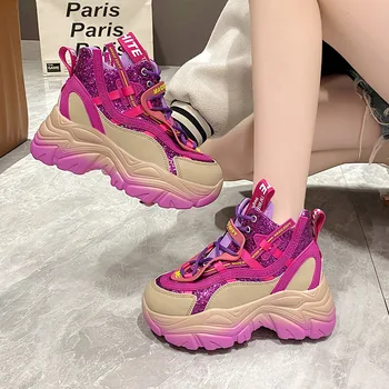 ZOCI Модни пайети Ежедневни обувки за жени Пачуърк Вулканизирани обувки Женска платформа Татко маратонки Дамски буци