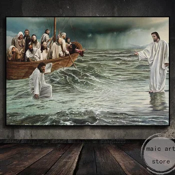 Абстрактна религия Арт плакат Исус ходи по вода спасяване на хора платно живопис стена печат картина за хол домашен декор