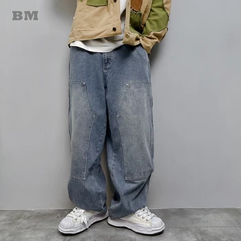 Американски реколта затруднени прави торбести дънки за мъже Harajuku случайни деним карго панталони високо качество хлабав панталони мъжки
