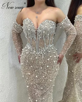 Арабски Off рамо мъниста абитуриентски рокля етаж дължина русалка елегантни кристали парти годежна рокля халати жени бала рокля 2023