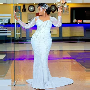 африкански жени дълги ръкави апликации дантела плюс размер булчински рокли vestidos de novia без гръб русалка сватбени рокли