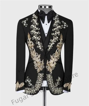 Банкет черен елегантен мъже костюми тънък годни шал ревера младоженец сватба смокинги 3Pieces комплект (луксозно яке + двуреден жилетка + панталони)