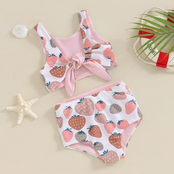 Бебе бебе момиче две части бански без ръкави ягода флорални бански костюми летен плаж
