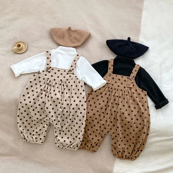 Бебе бебе момиче дрехи комплект дълъг ръкав памук плътен цвят тениска точка печат гащеризон есен пролет детски облекло костюм