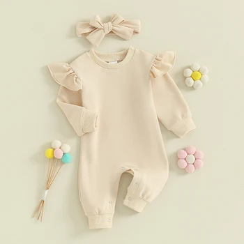 Бебе бебе момиче дрехи къдрици плътен цвят гащеризон дълъг ръкав гащеризон с лента за глава комплект есен зимно боди