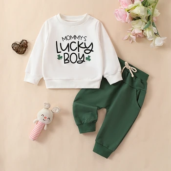 Бебе бебе момче есен зимни дрехи мама е късметлия момче детелина суитчър пуловер върховете зелени панталони
