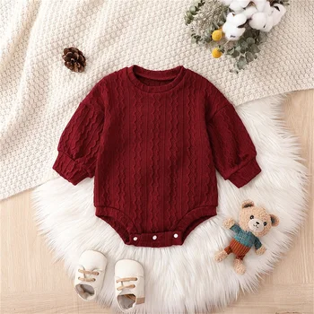 Бебе малко дете бебе момиче коледни екипировки дълъг ръкав гащеризон трикотажно червено боди пуловер