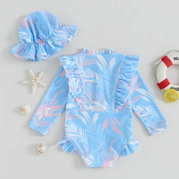 бебе момиче бански костюми летен цветен печат разрошен гащеризон плувна шапка комплект за къпане на малко дете костюми Плажно облекло
