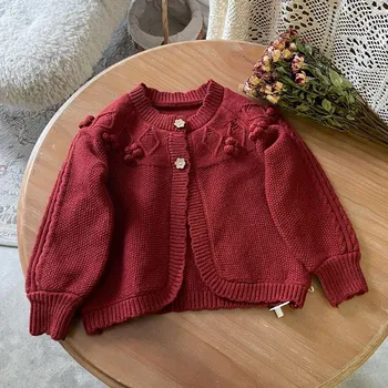 бебе - момиче Висококачествена червена плетена жилетка бебешки пуловер бебешки блузи