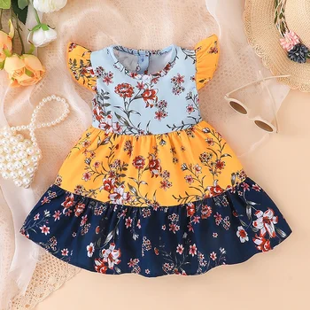 бебе момичета флорални ръкав джъмпер рокля пеперуда ръкав рокля коляното дължина A-Line лято екипажа врата цвете