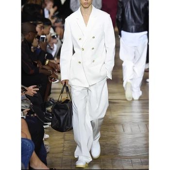 Бели мъже костюми лятна мода Notch ревера и двойно гърди мъжко облекло Smart Casual Daily 2 парчета комплект Blazer панталони 2023