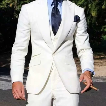 Бели сватбени костюми за мъже Slim Fit мода три парче яке панталони жилетка по поръчка случайни абитуриентски парти Terno Hombres