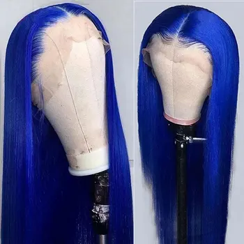 Бомба син цвят копринено прав синтетичен 13X4 дантела предни перуки лепило високо качество топлоустойчиви влакна за черни жени