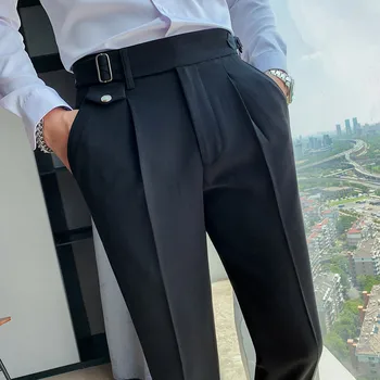 Британски стил Нов твърд костюм с висока талия Панталони за мъже Бизнес официално облекло Панталони 2023 Висококачествен тънък случаен офис костюм панталони
