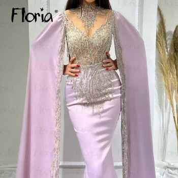 Бродерия дантела апликация мъниста розова официална вечерна рокля с нос ръкав арабски луксозни абитуриентски рокли за сватбено тържество 2023