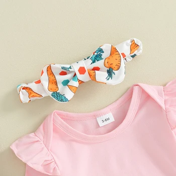 Великденски костюм бебе момиче дълъг ръкав гащеризон морков печат зайче бродерия рокля лък лента за глава новородено бебе дрехи