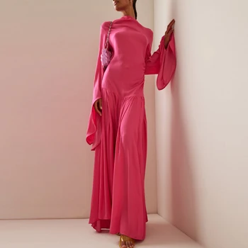високо деколте дълъг ръкав горещо розово жена дрехи Bodycon рокля с гръб A-линия гореща розова вечерна рокля безплатна доставка