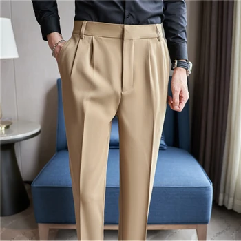 Висококачествен есенен плисиран дизайн Бизнес рокля панталони Мъже плътен цвят хлабав прави панталони случайни офис социални панталони