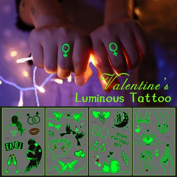 водоустойчив временен светлинен стикер за татуировка Любов сърце двойка диамантен пръстен светещ в тъмно Tatoo фалшив Tatto за деца жени мъже