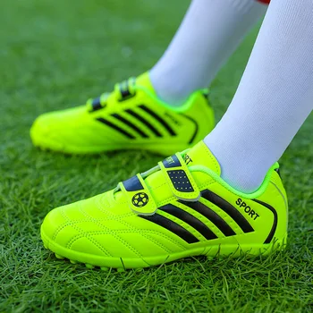 гореща продажба Евтини зелени детски футболни обувки Turf ултра-леки детски футболни обувки кука и размер на контура 28-38 Soccer Cleats Boy