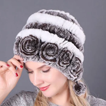 гореща продажба зимни жени цветя райета естествен заек кожа шапки дама топло плета истински кожени шапки руски открит кожени шапки