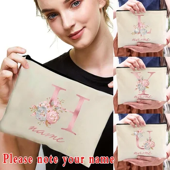 Дамска козметична чанта Име по избор 26 Розова буква грим случай организатор корейски грим чанти пътуване тоалетна чанта платно красота случай