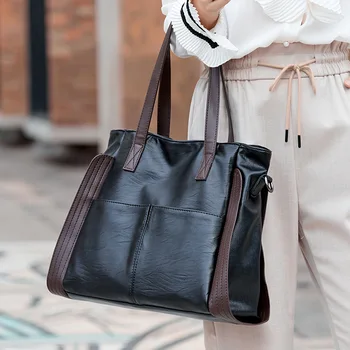 Дамска чанта с голям капацитет дамска мека чанта с едно рамо Retro True PU кожена луксозна чанта за кофа