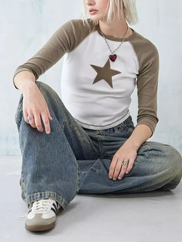 Дамски Y2K дълъг ръкав с качулка кроп върховете реколта V врата звезда естетически печат тънък годни риза блуза гръндж streetwear