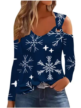 Дамски върхове тениска дълъг ръкав метален бутон Коледа снежинка печат тениска мода случайни елегантни топ тениски нова пролет